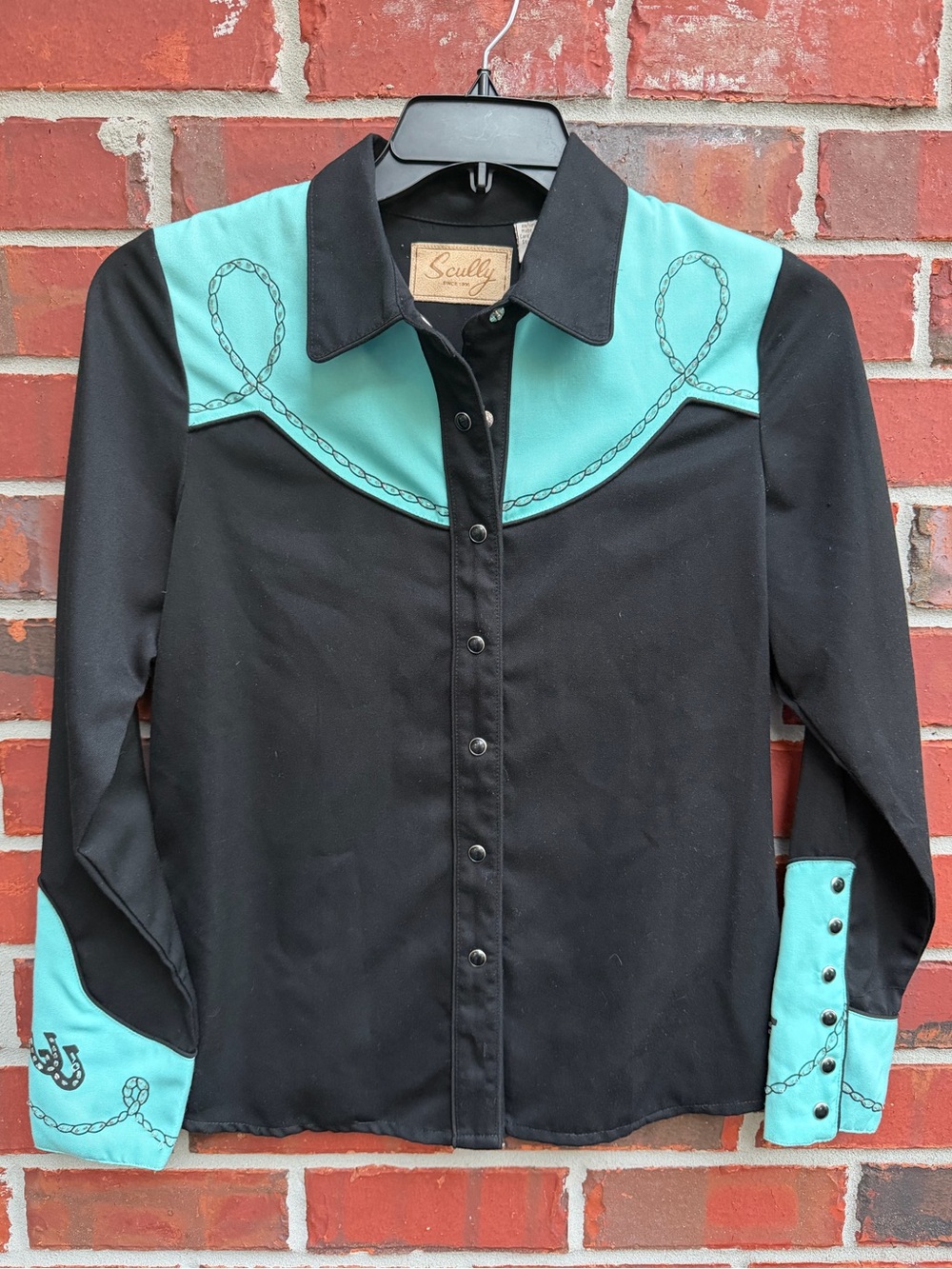 Scully Black & Turquoise S Western Rodeo Pearl Snap Shirt w/Beaded Embroidery P1